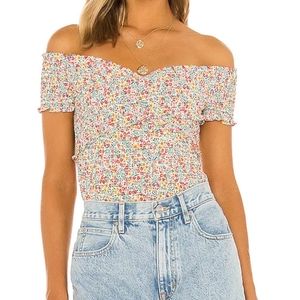 BB Dakota by Steve Madden Floral Flower Bomb Stretchy Smocked Off-Shoulder Top